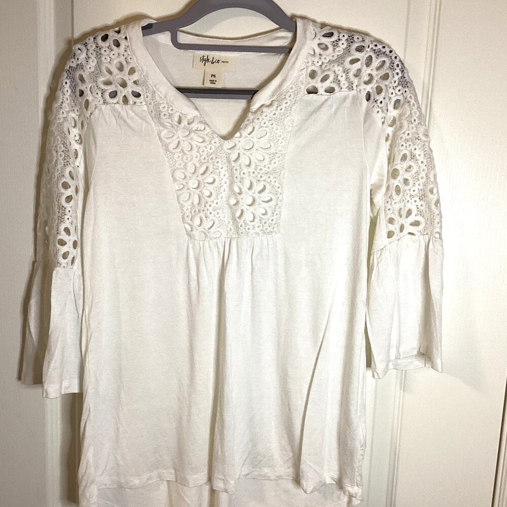 Style & Co. Women's White Boho Blouse Top Size PS 3/4 Bell Sleeves